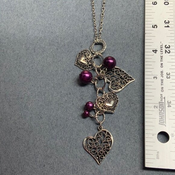 Long Purple Pearl Necklace 30 In Silver Chain Filigree Heart Dangles Retro BoHo - Picture 5 of 6